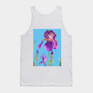 Iris Watercolor Painting - Elegant Purple on Blue Tank Top